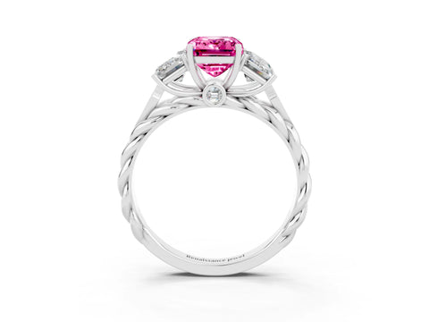 White gold Three-Stone Emerald Cut Pink Sapphire Braided Band Ring with Four-Prong Setting_63