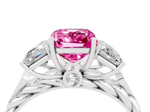 White gold Three-Stone Emerald Cut Pink Sapphire Braided Band Ring with Four-Prong Setting_64