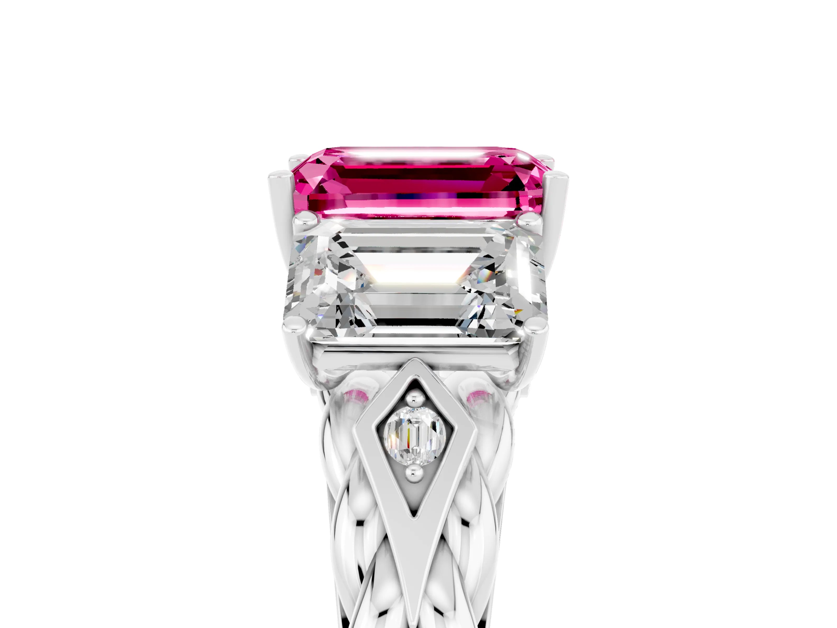 White gold Three-Stone Emerald Cut Pink Sapphire Braided Band Ring with Four-Prong Setting_65
