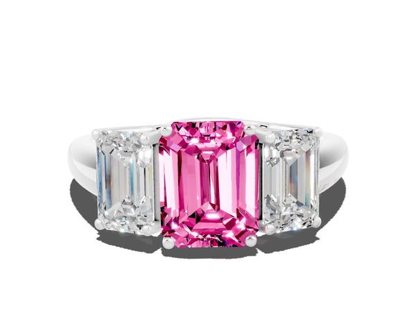 White gold Three-Stone Emerald Cut Pink Sapphire Engagement Ring with Prong Setting