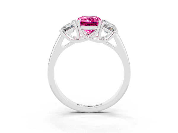White gold Three-Stone Emerald Cut Pink Sapphire Engagement Ring with Prong Setting
