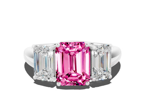 White gold Three-Stone Emerald Cut Pink Sapphire Engagement Ring with Prong Setting_34