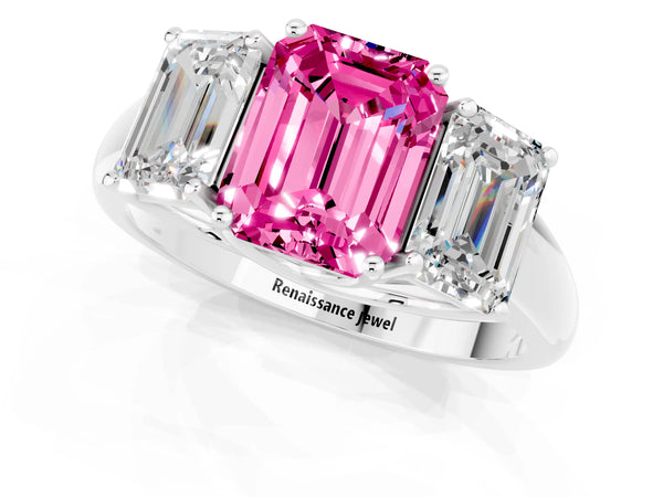 Platinum Three-Stone Emerald Cut Pink Sapphire Engagement Ring with Prong Setting
