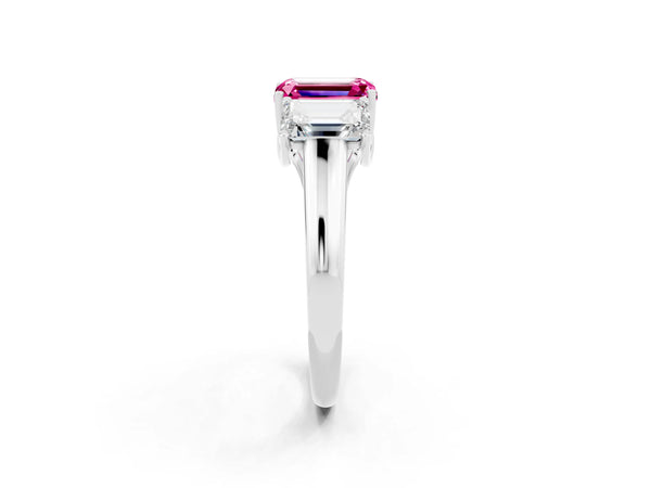 Platinum Three-Stone Emerald Cut Pink Sapphire Engagement Ring with Prong Setting