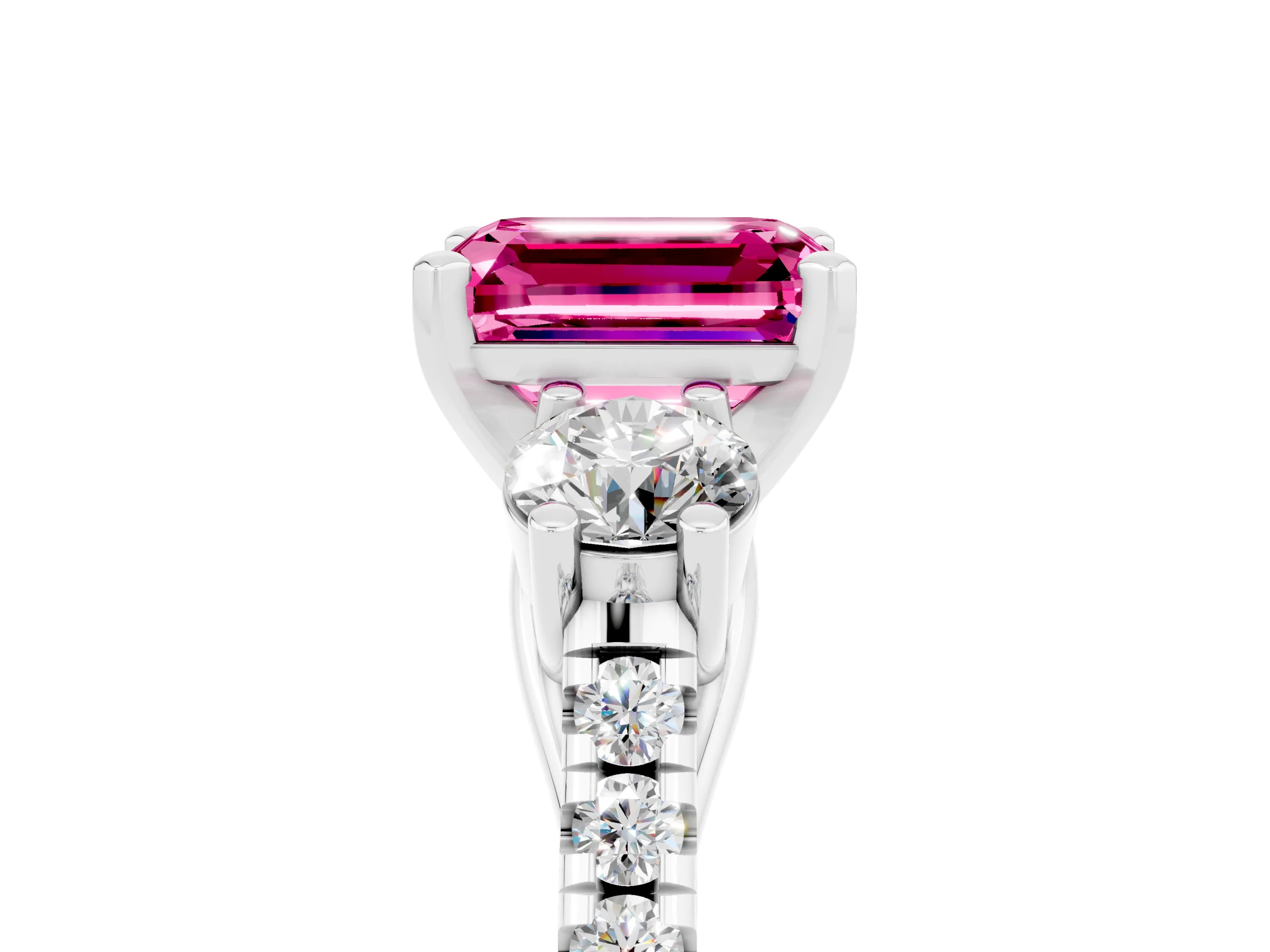 White gold Three-Stone Emerald Cut Pink Sapphire Pavé Band with Four-Prong Setting_29
