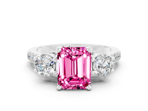 White gold Three-Stone Emerald Cut Pink Sapphire Pavé Band with Four-Prong Setting
