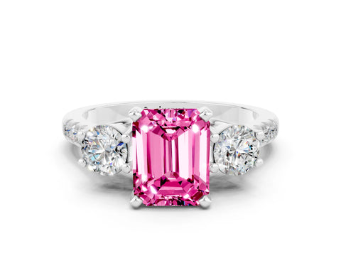 White gold Three-Stone Emerald Cut Pink Sapphire Pavé Band with Four-Prong Setting_36