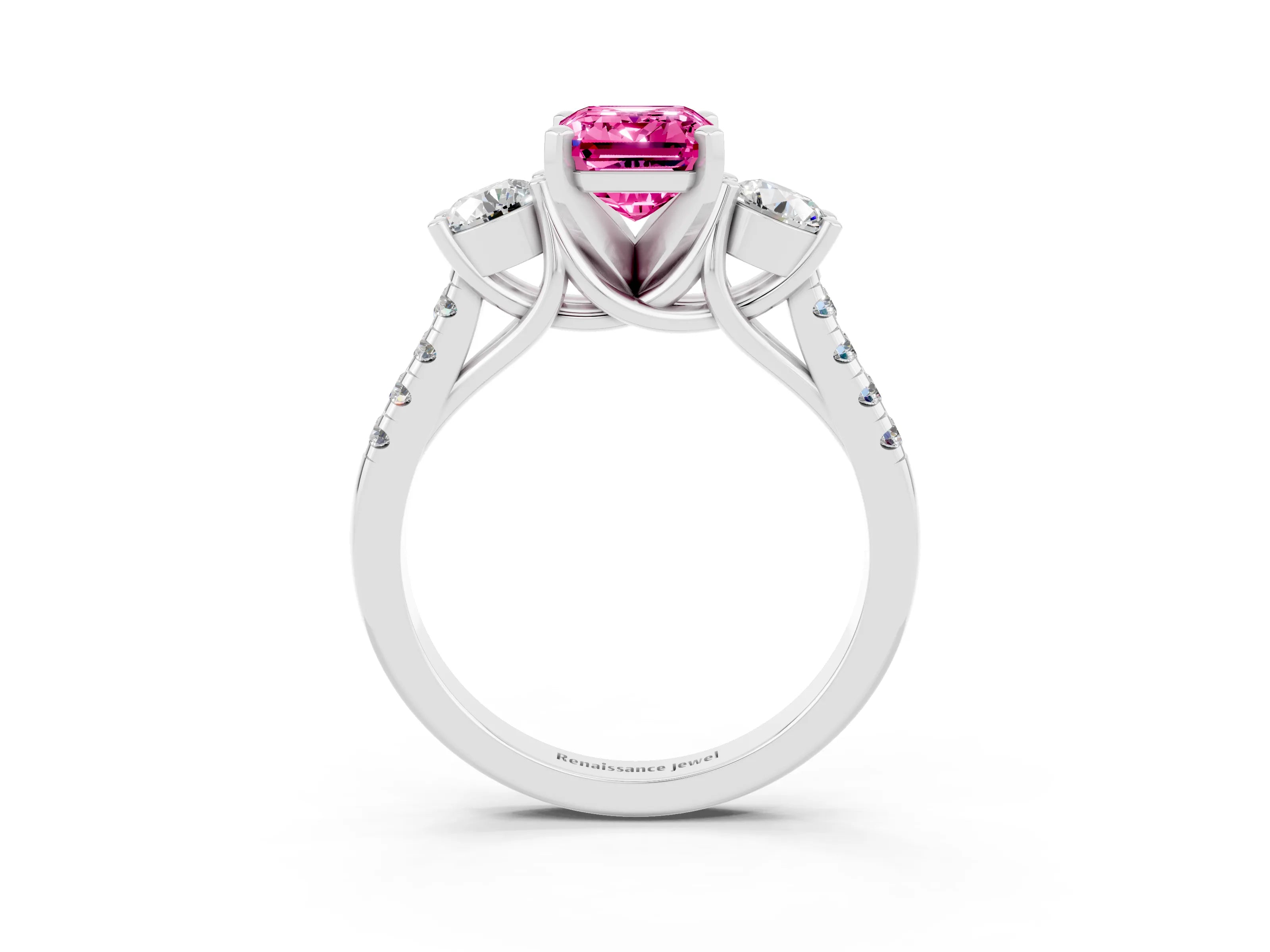 White gold Three-Stone Emerald Cut Pink Sapphire Pavé Band with Four-Prong Setting_37