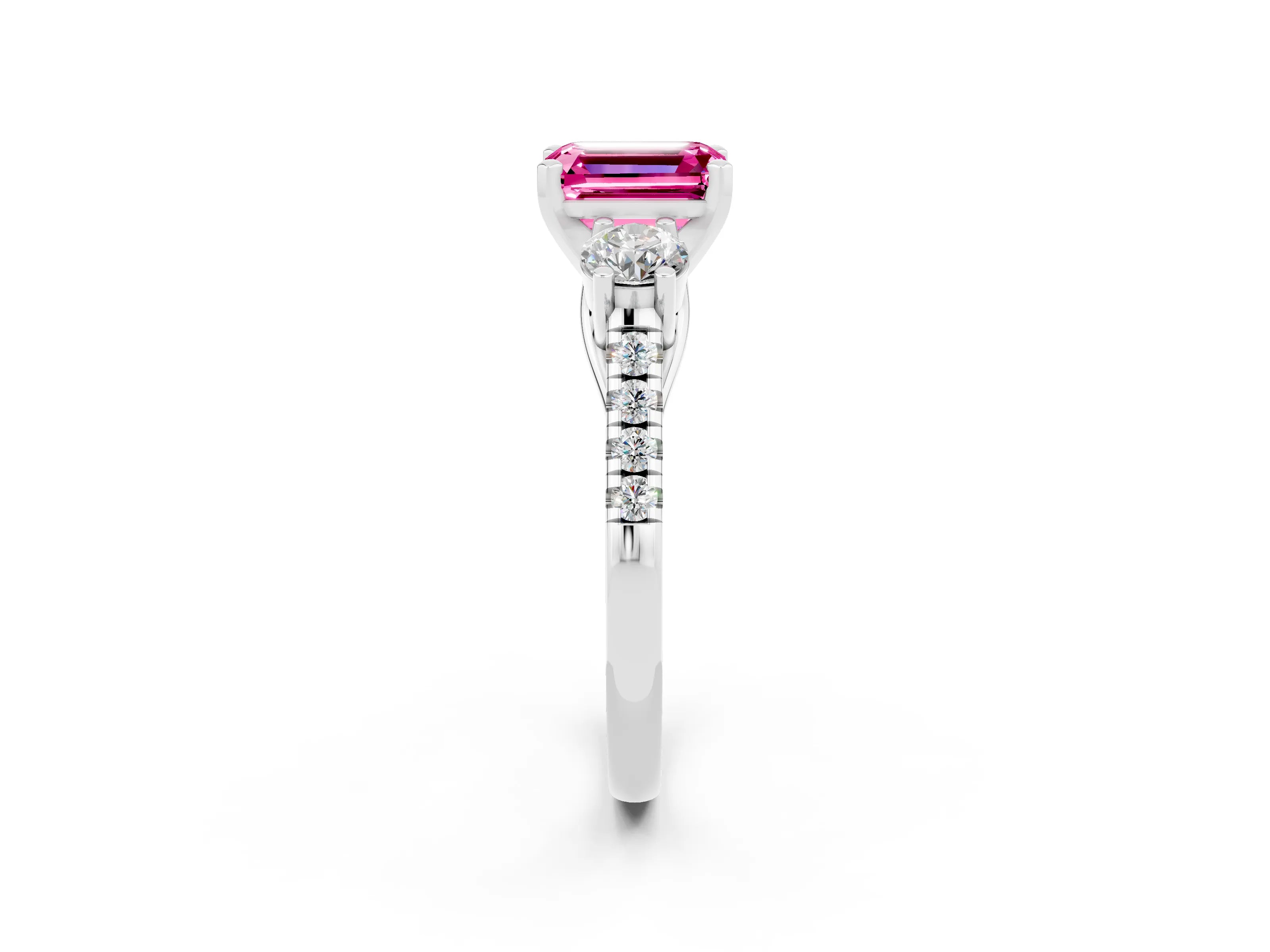 White gold Three-Stone Emerald Cut Pink Sapphire Pavé Band with Four-Prong Setting_38