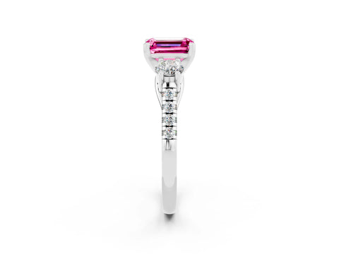 White gold Three-Stone Emerald Cut Pink Sapphire Pavé Band with Four-Prong Setting_38