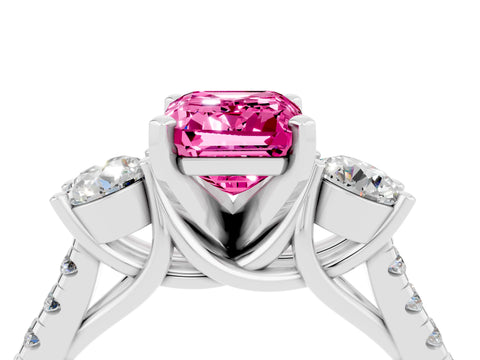 White gold Three-Stone Emerald Cut Pink Sapphire Pavé Band with Four-Prong Setting_38