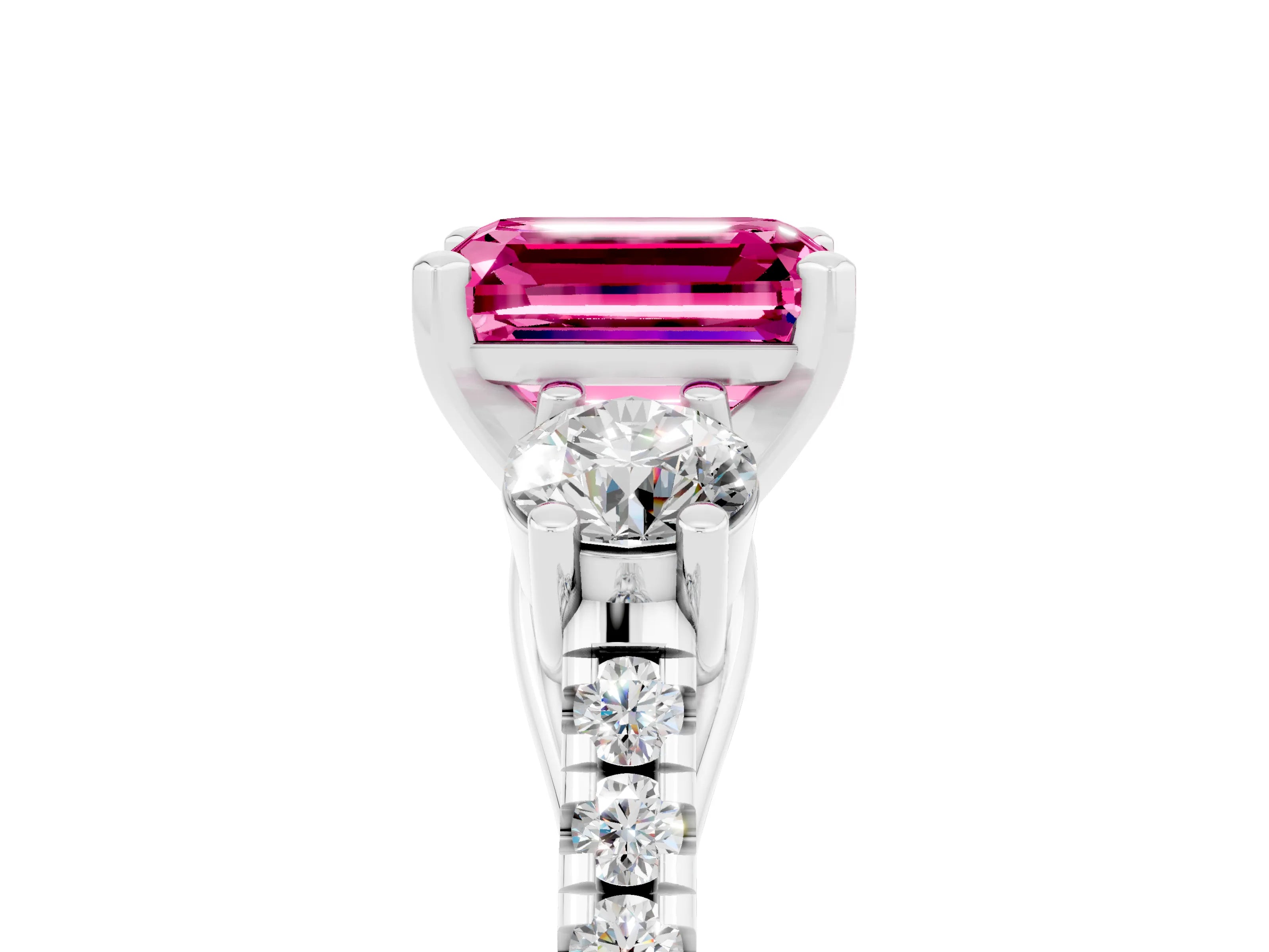 White gold Three-Stone Emerald Cut Pink Sapphire Pavé Band with Four-Prong Setting_39