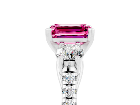 White gold Three-Stone Emerald Cut Pink Sapphire Pavé Band with Four-Prong Setting_41