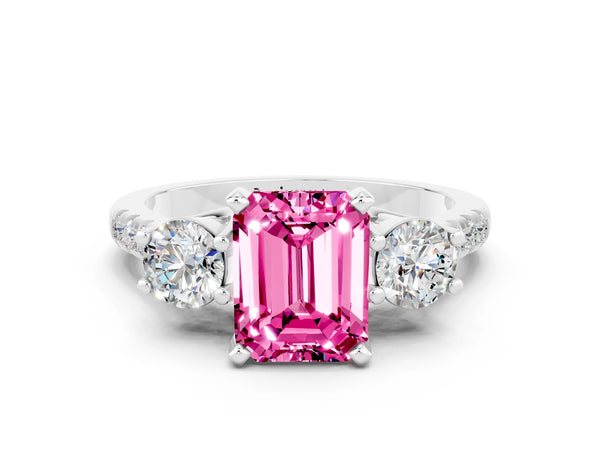 Silver Three-Stone Emerald Cut Pink Sapphire Pavé Band with Four-Prong Setting