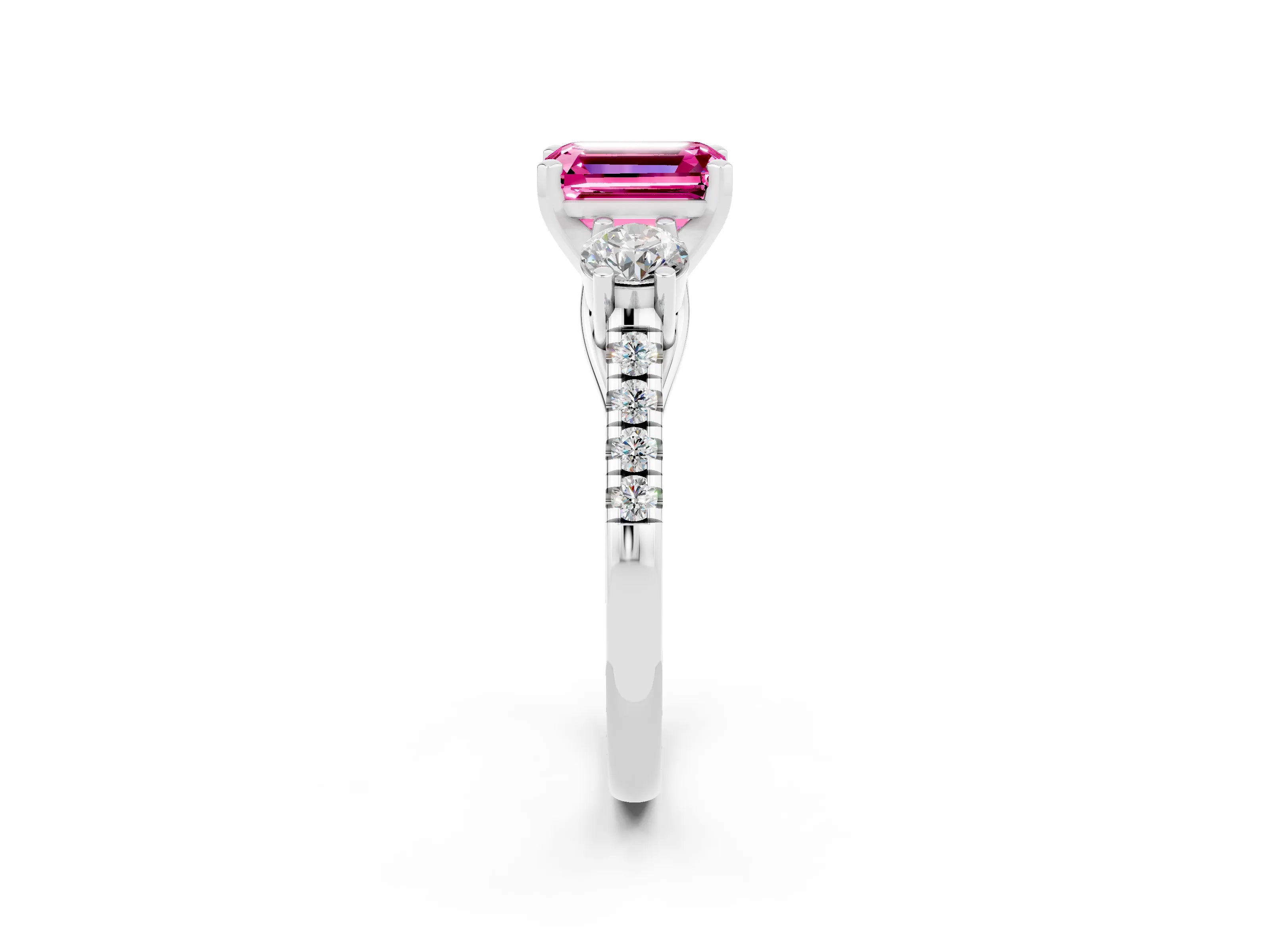 White gold Three-Stone Emerald Cut Pink Sapphire Pavé Band with Four-Prong Setting_48