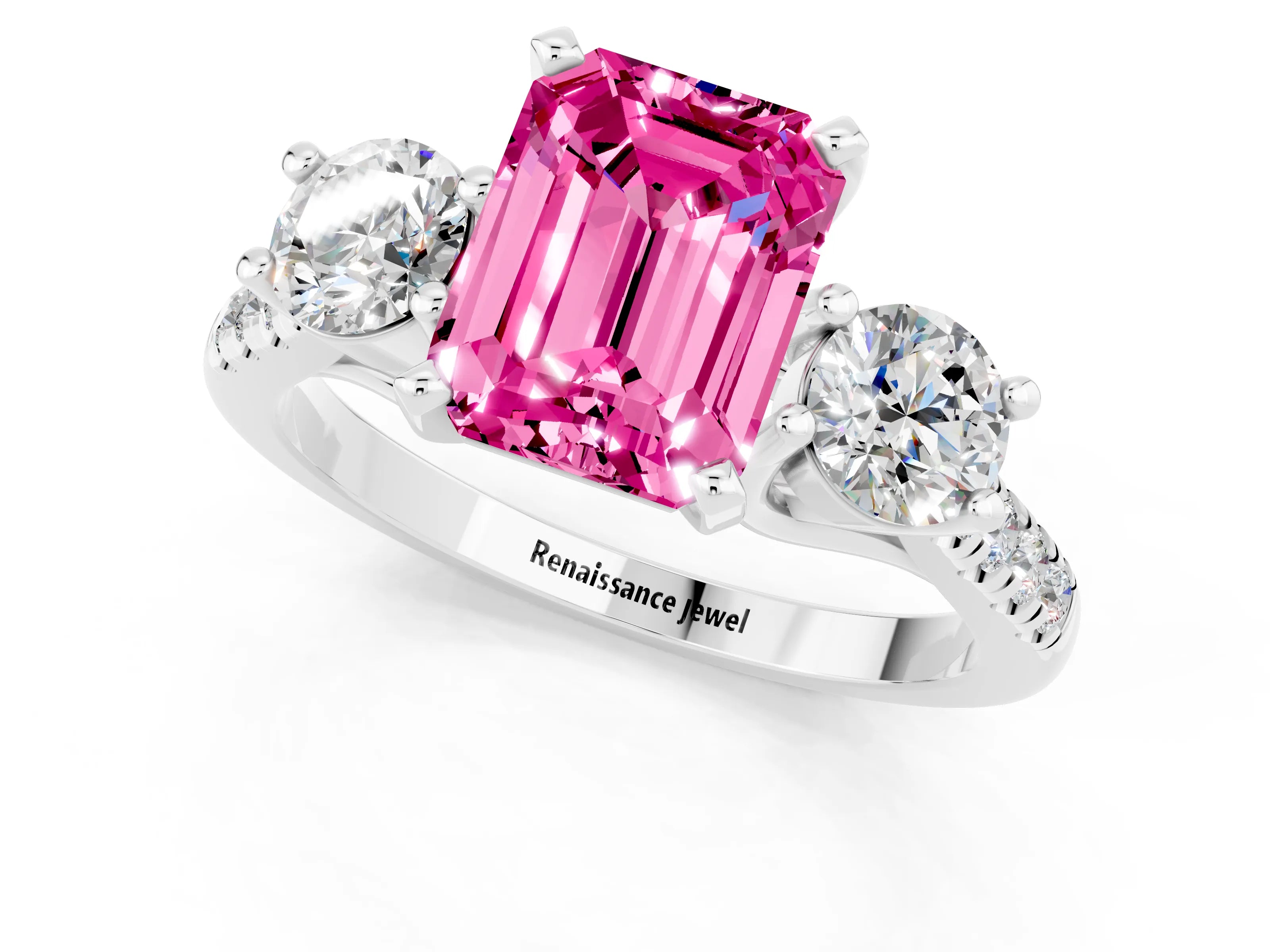 White gold Three-Stone Emerald Cut Pink Sapphire Pavé Band with Four-Prong Setting_49