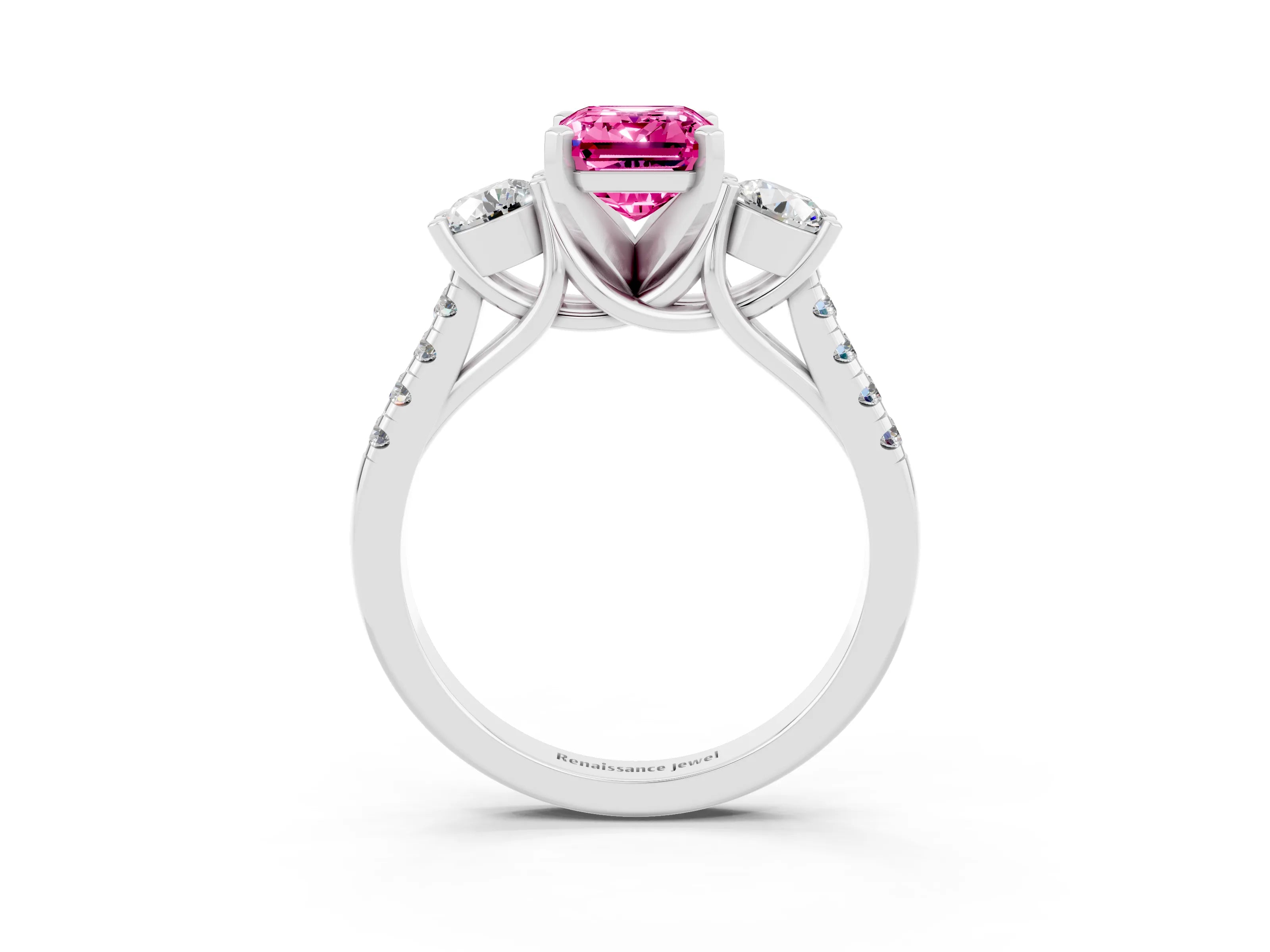 White gold Three-Stone Emerald Cut Pink Sapphire Pavé Band with Four-Prong Setting_51