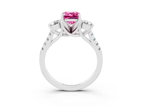 White gold Three-Stone Emerald Cut Pink Sapphire Pavé Band with Four-Prong Setting_51