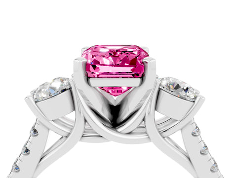 White gold Three-Stone Emerald Cut Pink Sapphire Pavé Band with Four-Prong Setting_52