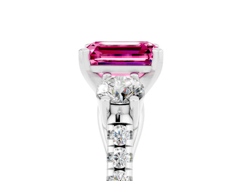 White gold Three-Stone Emerald Cut Pink Sapphire Pavé Band with Four-Prong Setting_53