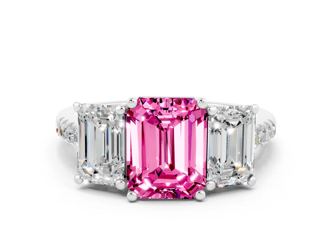 White gold Three-Stone Emerald Cut Pink Sapphire Ring with Pavé Band and Prong Setting_36