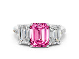 White gold Three-Stone Emerald Cut Pink Sapphire Ring with Pavé Band and Prong Setting_36