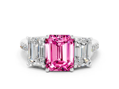 White gold Three-Stone Emerald Cut Pink Sapphire Ring with Pavé Band and Prong Setting_36