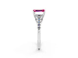 White gold Three-Stone Emerald Cut Pink Sapphire Ring with Pavé Band and Prong Setting_38