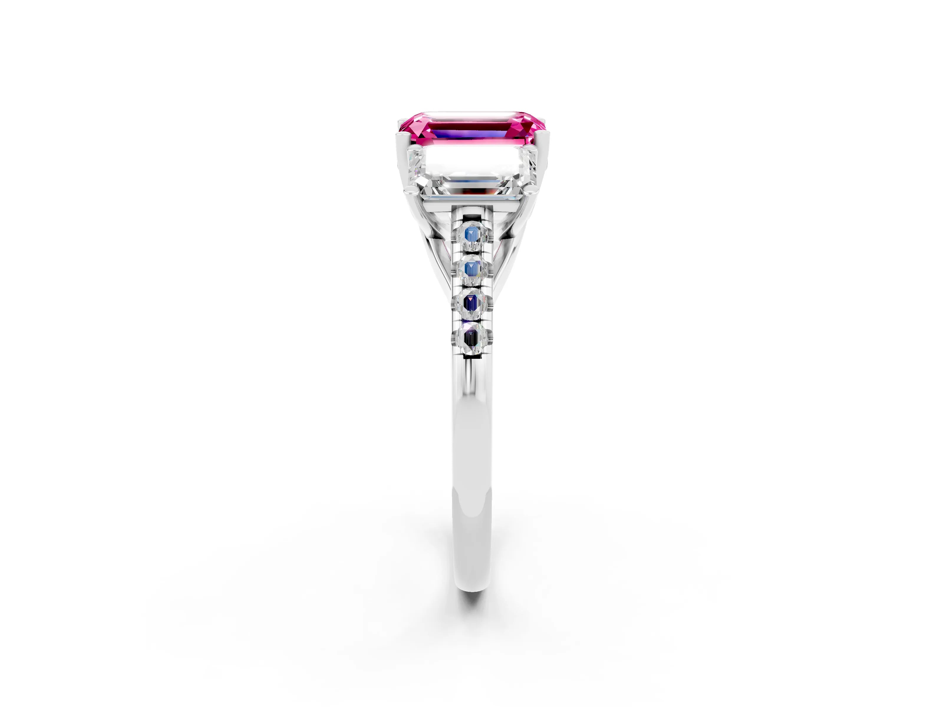 White gold Three-Stone Emerald Cut Pink Sapphire Ring with Pavé Band and Prong Setting_38