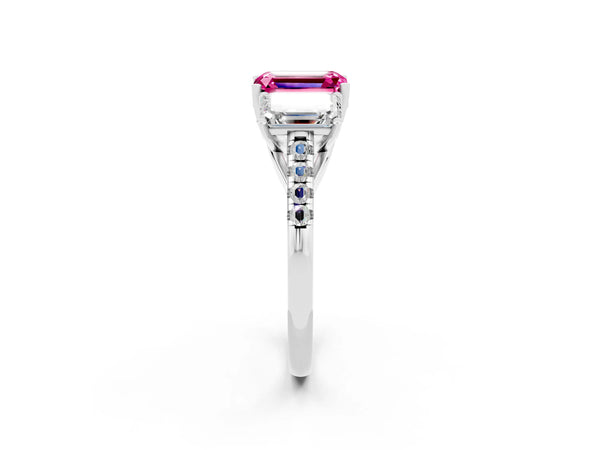 White gold Three-Stone Emerald Cut Pink Sapphire Ring with Round  Pavé Band and Prong Setting