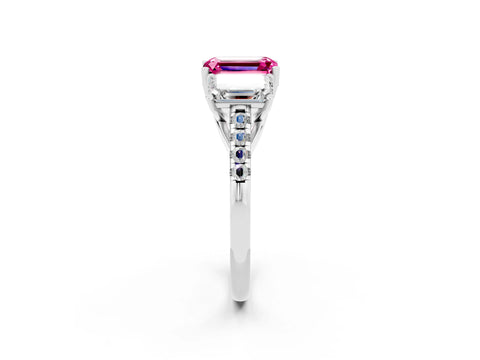White gold Three-Stone Emerald Cut Pink Sapphire Ring with Pavé Band and Prong Setting_38