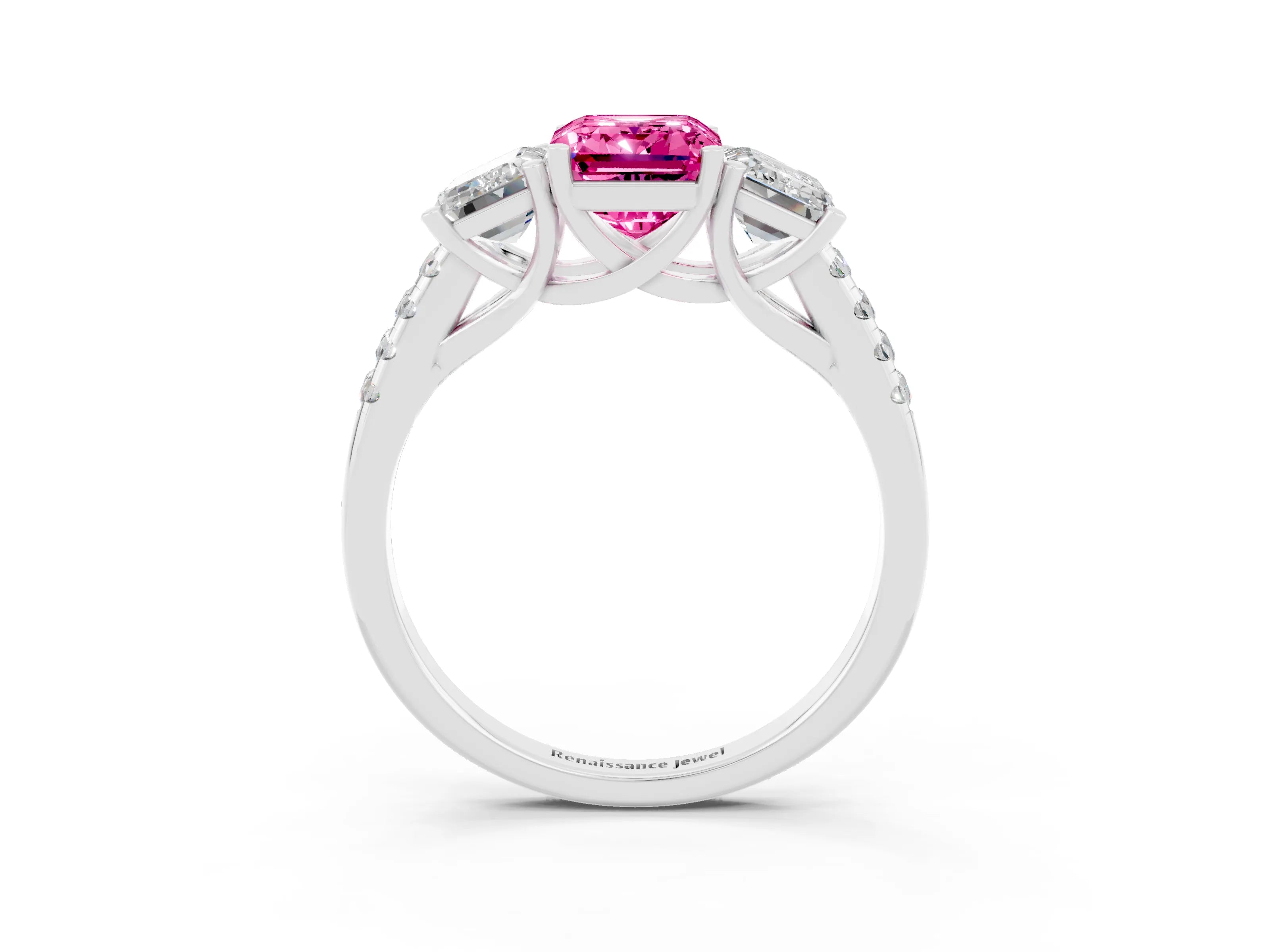 White gold Three-Stone Emerald Cut Pink Sapphire Ring with Pavé Band and Prong Setting_39