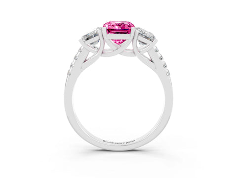 White gold Three-Stone Emerald Cut Pink Sapphire Ring with Pavé Band and Prong Setting_39