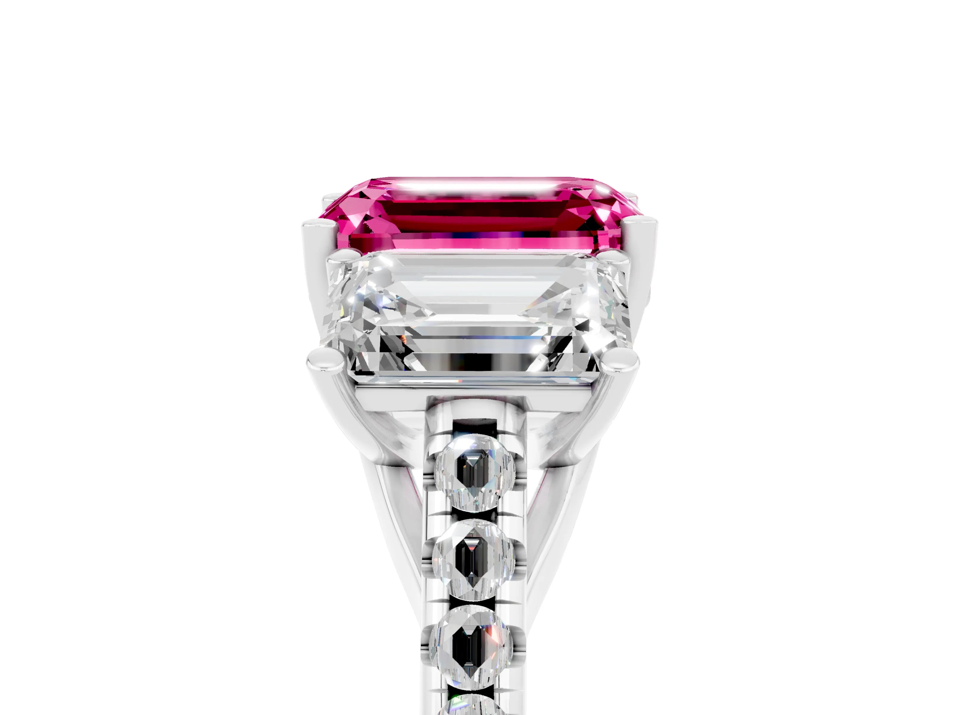 White gold Three-Stone Emerald Cut Pink Sapphire Ring with Pavé Band and Prong Setting_41