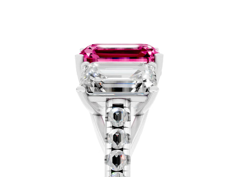 White gold Three-Stone Emerald Cut Pink Sapphire Ring with Pavé Band and Prong Setting_41