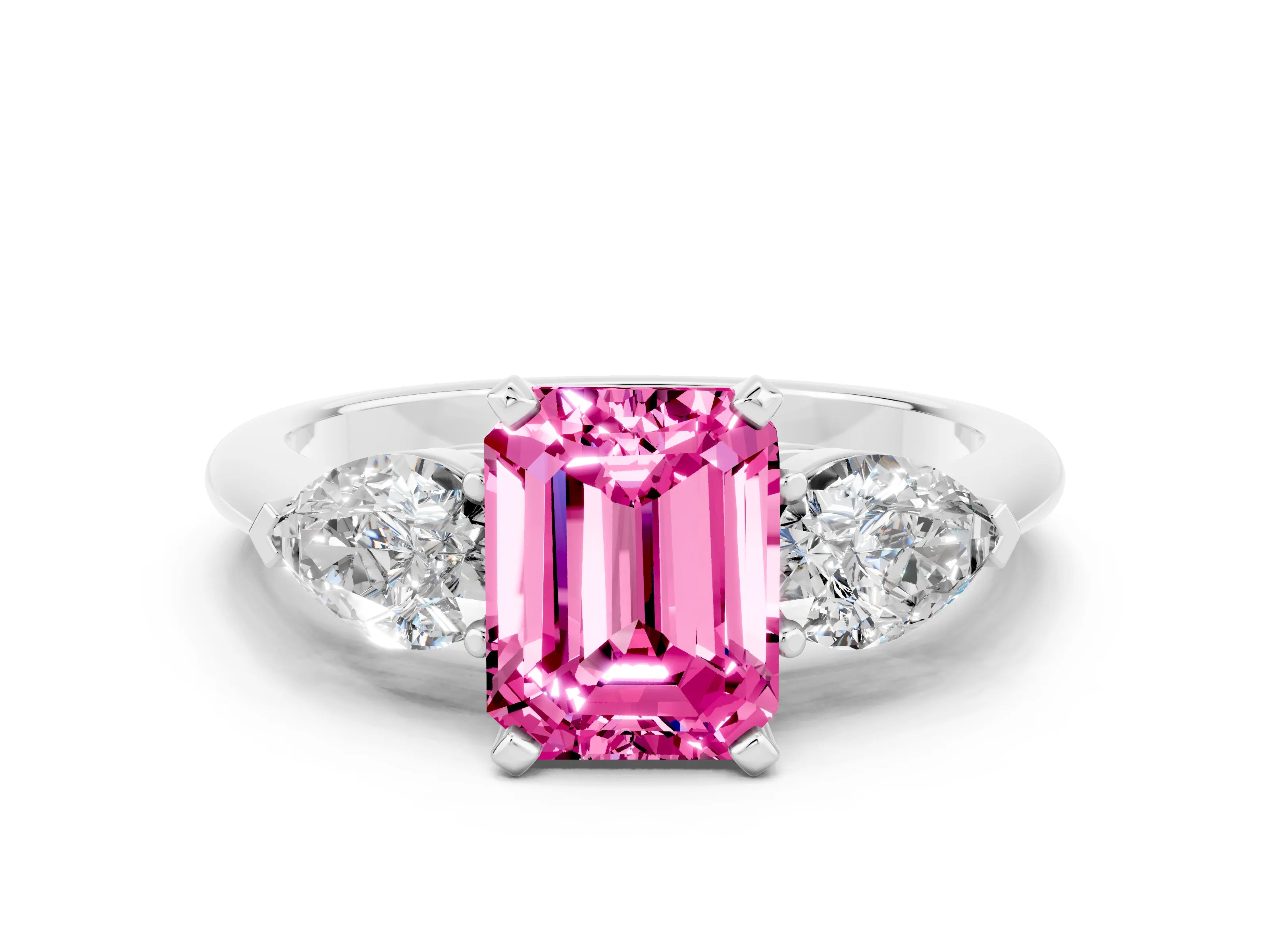 White gold Three-Stone Emerald Cut Pink Sapphire Ring with Pear Side Stones and Four-Prong Setting_24