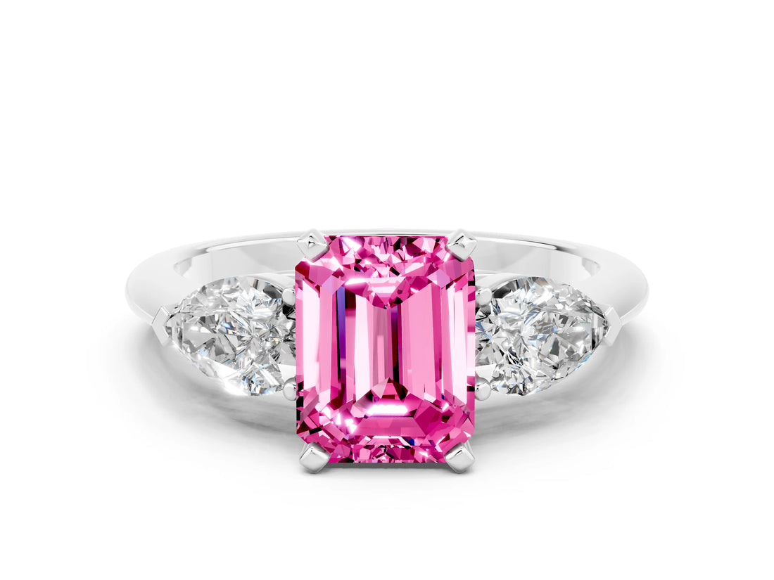 White gold Three-Stone Emerald Cut Pink Sapphire Ring with Pear Side Stones and Four-Prong Setting_24