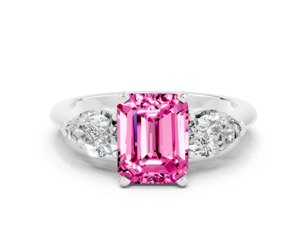 White gold Three-Stone Emerald Cut Pink Sapphire Ring with Pear Side Stones and Four-Prong Setting