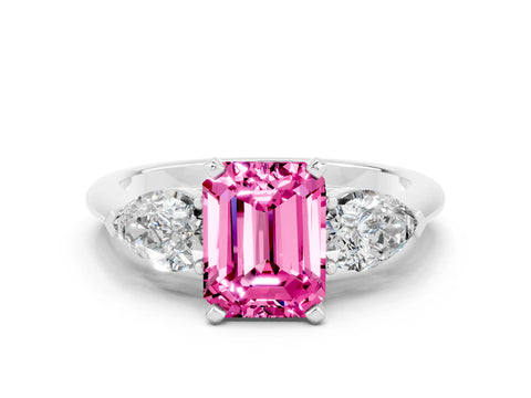 White gold Three-Stone Emerald Cut Pink Sapphire Ring with Pear Side Stones and Four-Prong Setting_24