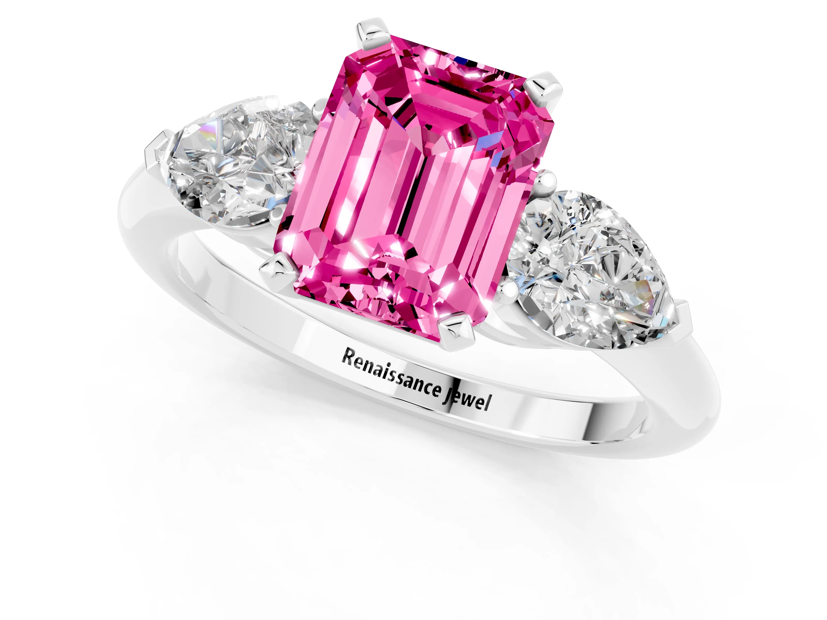 White gold Three-Stone Emerald Cut Pink Sapphire Ring with Pear Side Stones and Four-Prong Setting_25