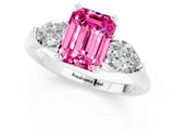White gold Three-Stone Emerald Cut Pink Sapphire Ring with Pear Side Stones and Four-Prong Setting_25