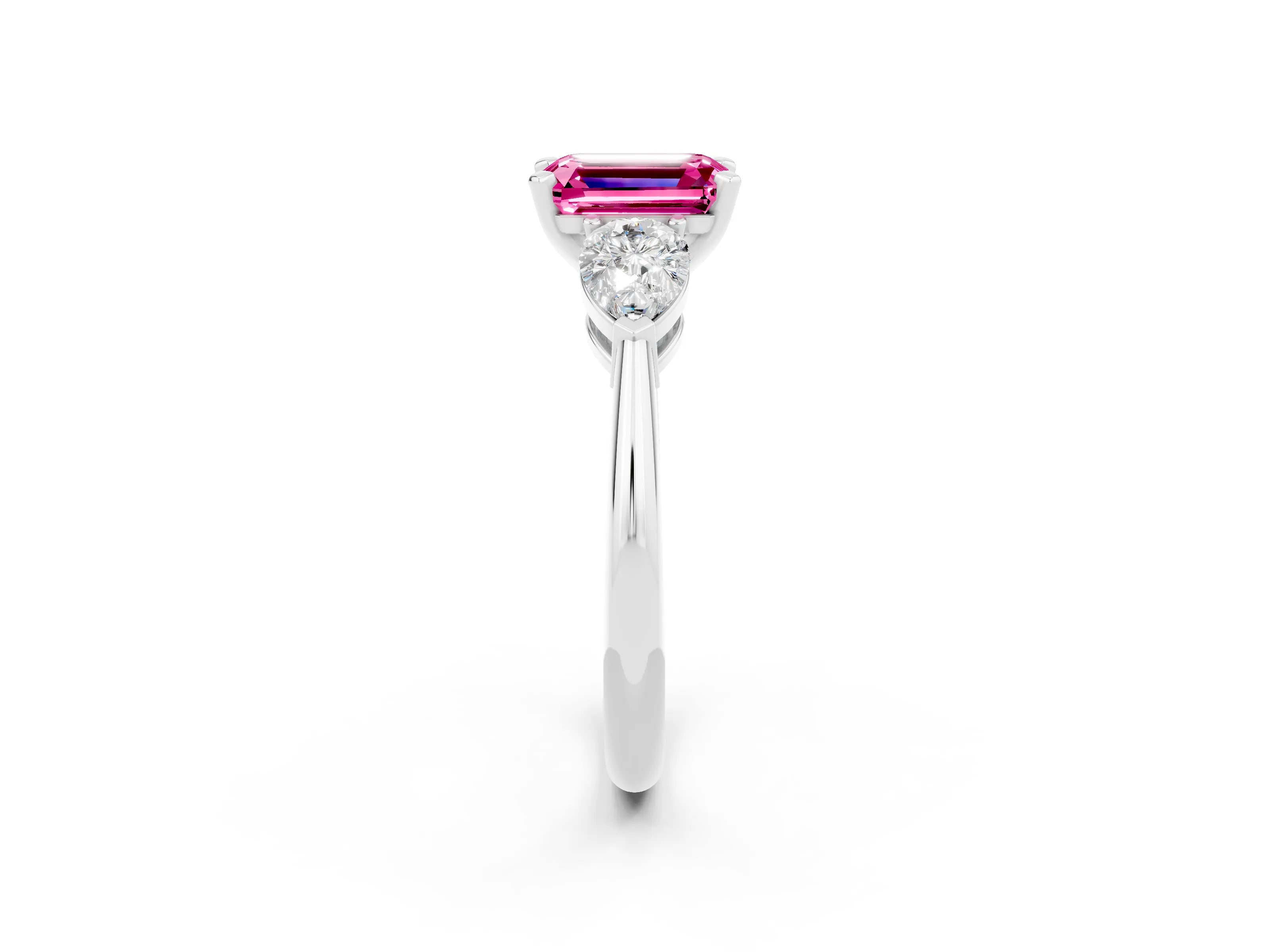 White gold Three-Stone Emerald Cut Pink Sapphire Ring with Pear Side Stones and Four-Prong Setting_26