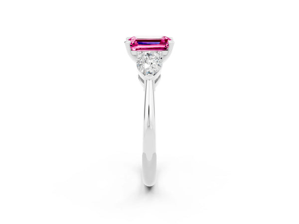 Silver Three-Stone Emerald Cut Pink Sapphire Ring with Pear Side Stones and Four-Prong Setting
