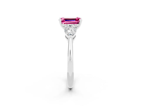 White gold Three-Stone Emerald Cut Pink Sapphire Ring with Pear Side Stones and Four-Prong Setting_26