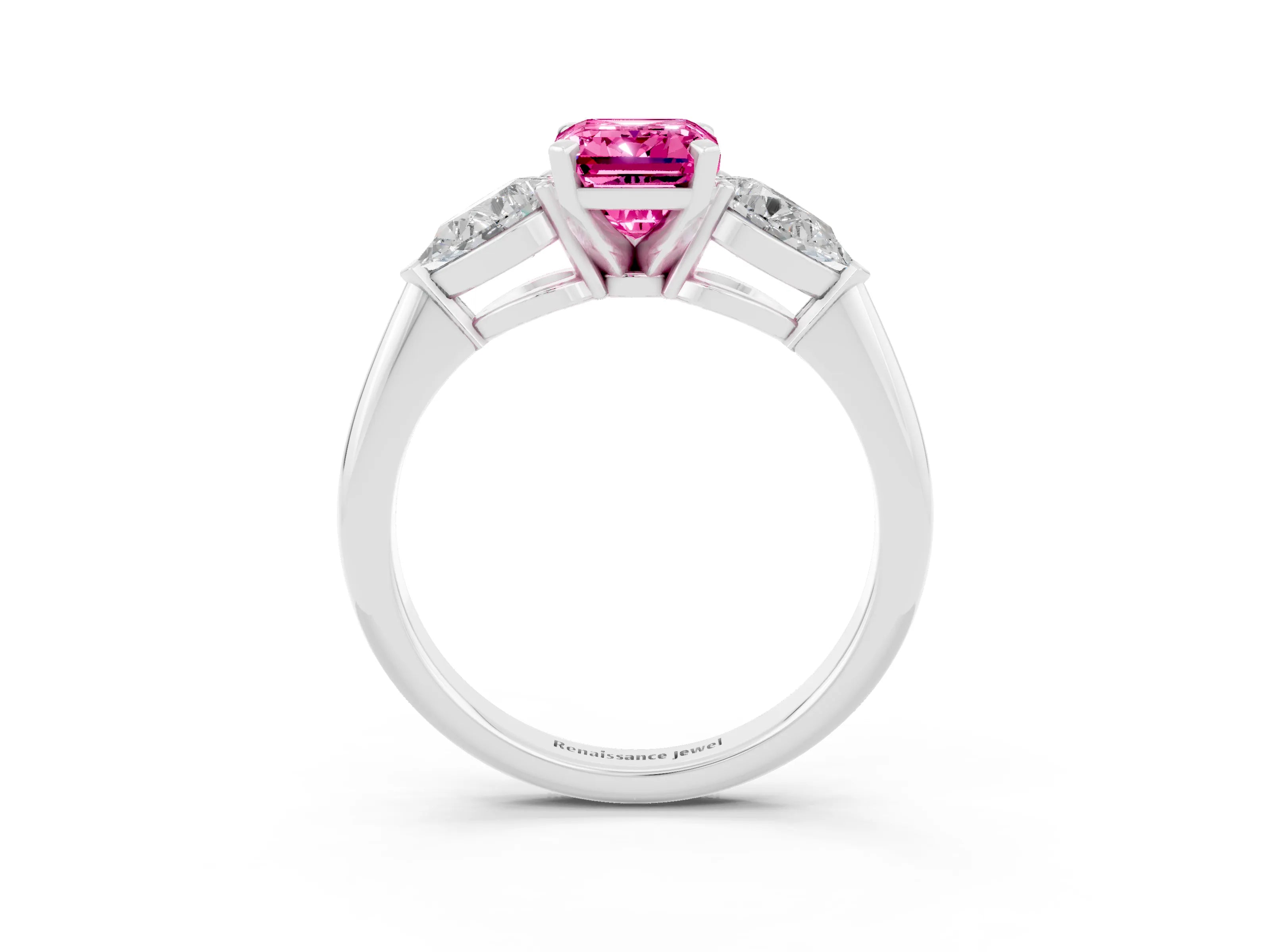 White gold Three-Stone Emerald Cut Pink Sapphire Ring with Pear Side Stones and Four-Prong Setting_27