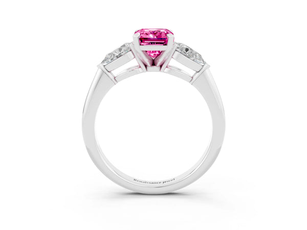 White gold Three-Stone Emerald Cut Pink Sapphire Ring with Pear Side Stones and Four-Prong Setting