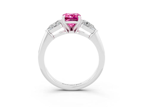 White gold Three-Stone Emerald Cut Pink Sapphire Ring with Pear Side Stones and Four-Prong Setting_27