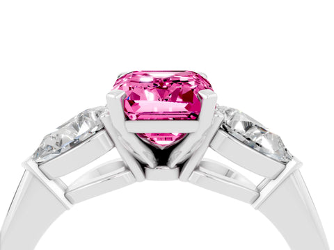 White gold Three-Stone Emerald Cut Pink Sapphire Ring with Pear Side Stones and Four-Prong Setting_28