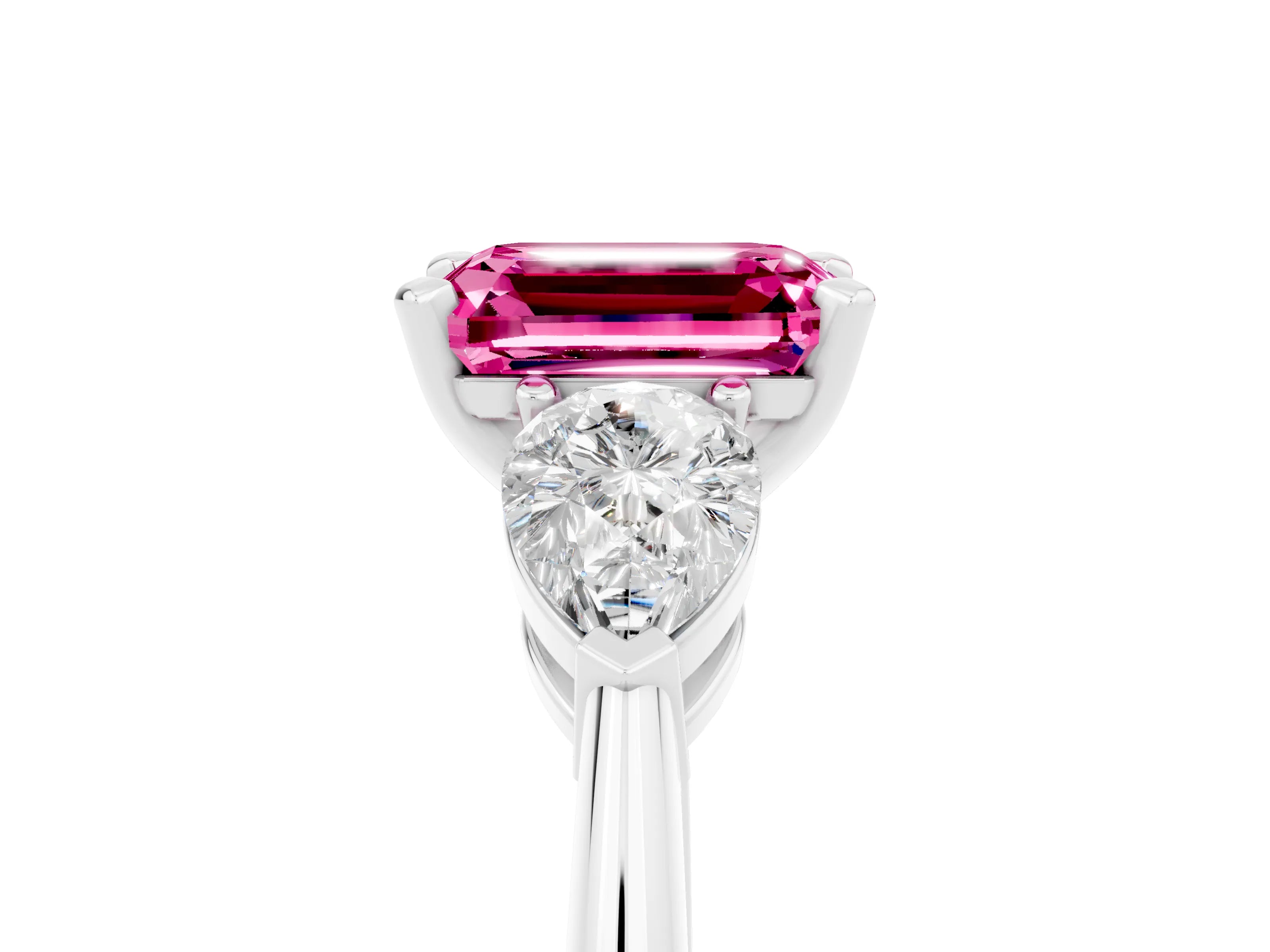 White gold Three-Stone Emerald Cut Pink Sapphire Ring with Pear Side Stones and Four-Prong Setting_29