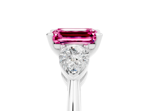White gold Three-Stone Emerald Cut Pink Sapphire Ring with Pear Side Stones and Four-Prong Setting_29